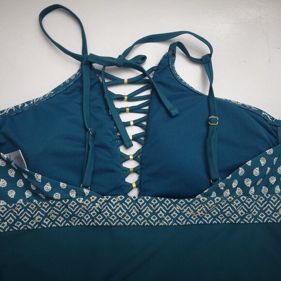 Time & Tru Ladies Size XL (16-18) Teal & White w/ Gold Tone Specs Tankini Top - Picture 6 of 8